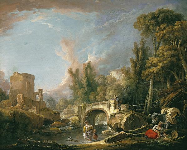 Francois Boucher River Landscape with Ruin and Bridge oil painting image